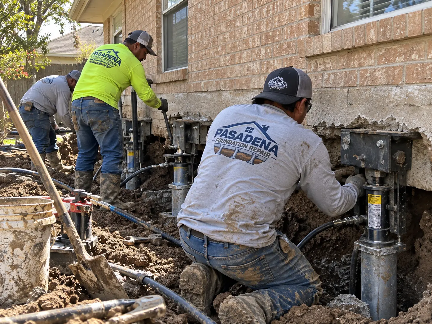 Crew installing hydraulic jacks and foundation piers along the slab of a Pasadena, TX brick home