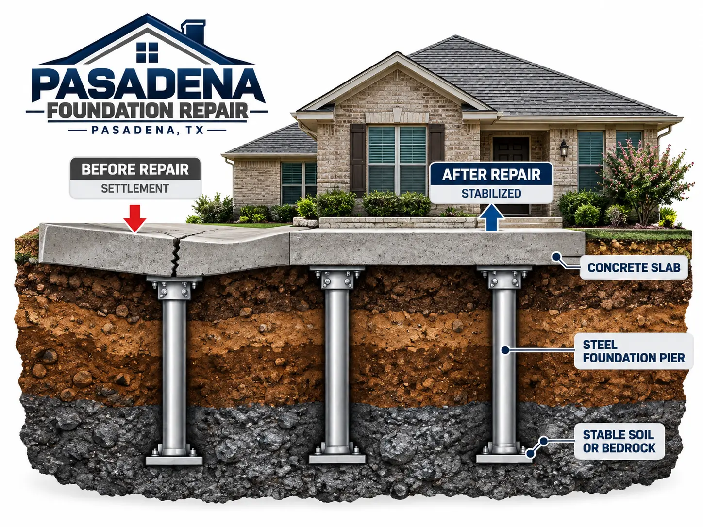 Diagram showing a settled concrete slab stabilized with steel foundation piers driven to stable soil