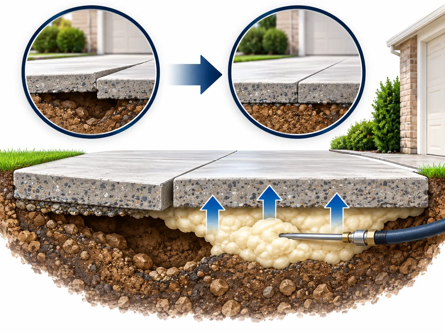 Diagram showing concrete slab lifting with void filling beneath a sunken driveway section